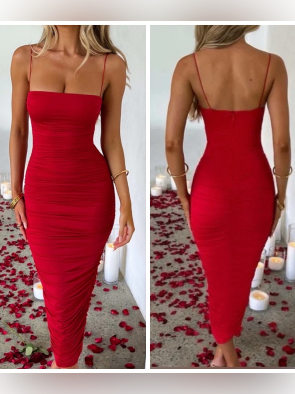 BABYBOO Ruched Bodycon Maxi Dress Spaghetti Strap Square Neckline Red Haven M